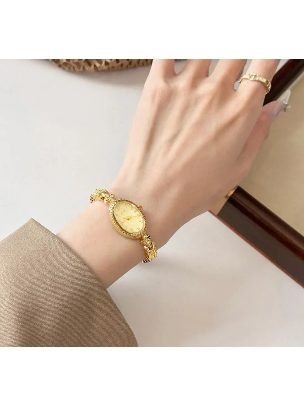 Women's Gold White Oval Vintage Bracelet Small Quartz Bangle Analog Watch